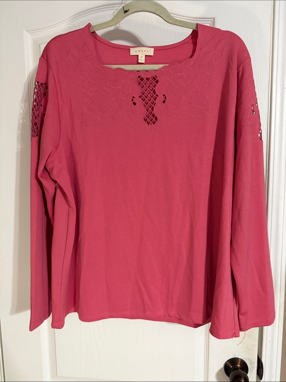 Adiva Rose-Pink Crochet Accent Long Sleeve Top